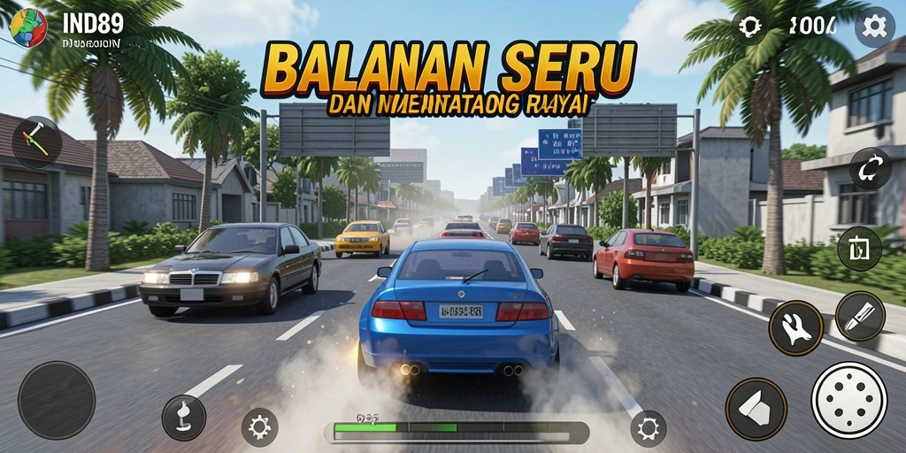 Tampilan gameplay mengasyikkan dari IND89 dengan kecepatan tinggi di jalur balapan.
